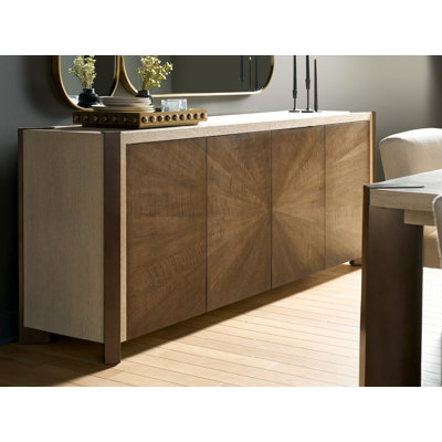 Modern Mist Credenza 89" Wide Smoked Gold Mist Finish Four-Door Storage Cabinet with Power Bar