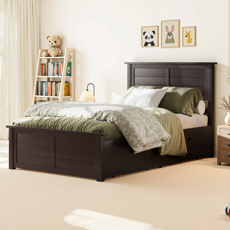  Lit plateforme simple en bois massif avec 4 tiroirs de rangement, pour enfants, adolescents, espresso, Lit simple, Brun