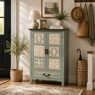 Fienley 43" H Vintage Green Storage Cabinet with 2 Doors and Drawer, Carved Floral Accent Storage