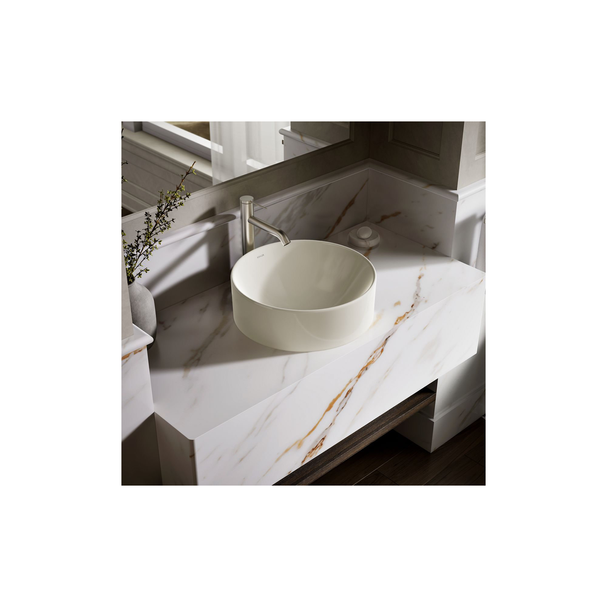 Vox Vitreous China Circular Vessel Bathroom Sink with Overflow, Biscuit