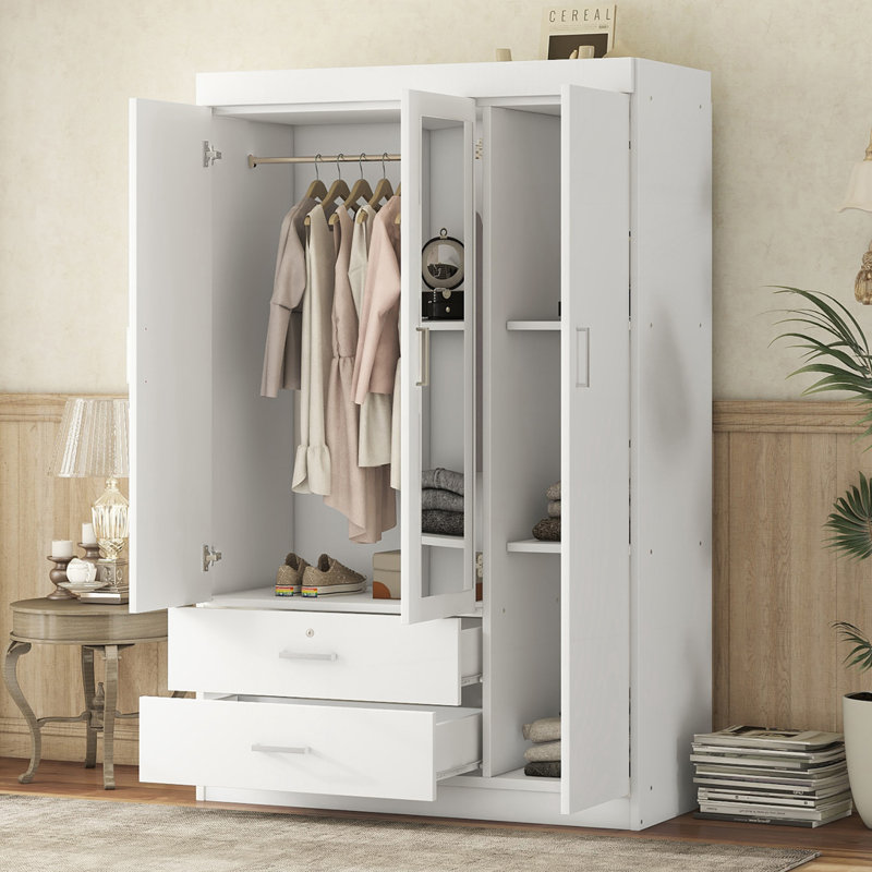 Armoire-penderie à 3 portes avec tablettes, Blanc