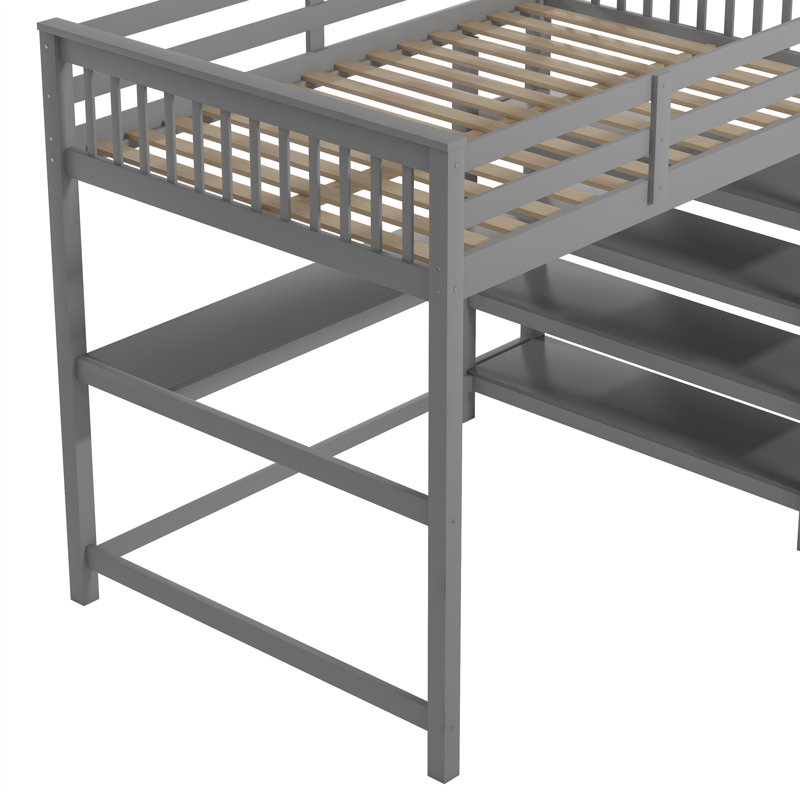 Lit mezzanine en bois massif avec tablettes Gerlean par Harriet Bee, Gris, Double