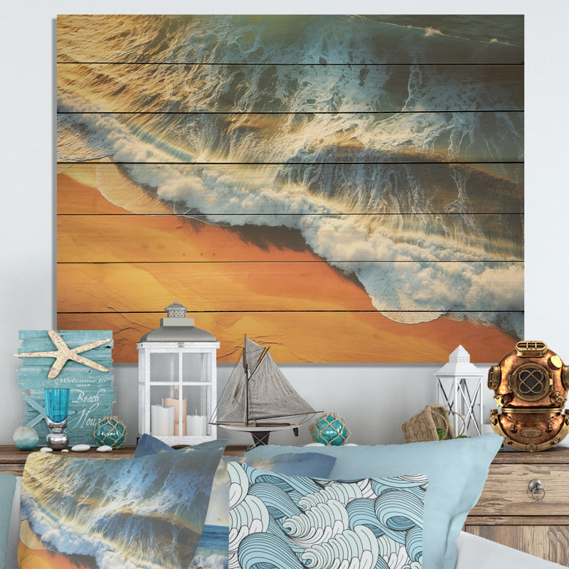 Vue aérienne de la plage bleue et orange IV - plage sur bois, H 10 po x l 20 po