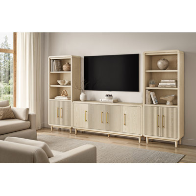 72" TV Console, Modern, Four Door Entertainment Stand, Wood Accent Cabinet/Credenza, Fully Assembled, Black