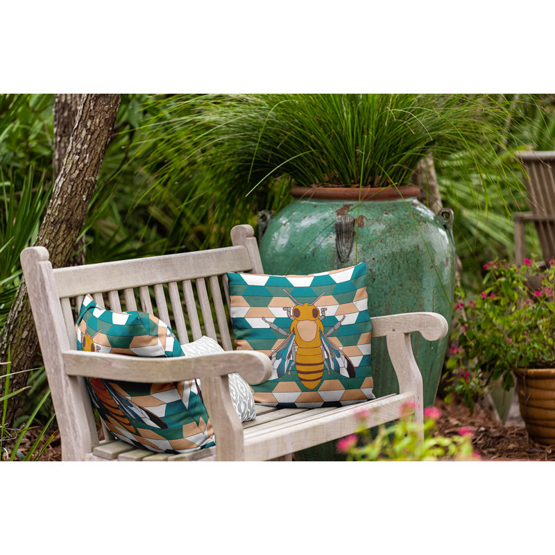 Outdoor Reversible Throw Pillow, 20"H x 20"W, Teal/Beige/Yellow Geometric