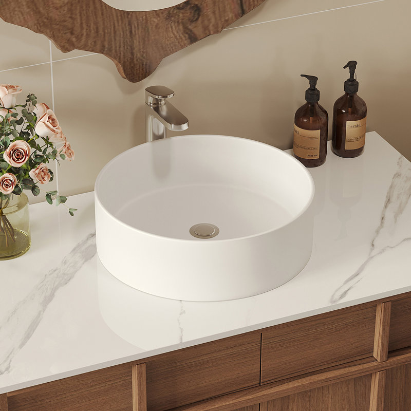 13.78" Round White Ceramic Vessel Bathroom Sink, Modern Above-Counter Vanity Basin with 1.75" Drain Opening