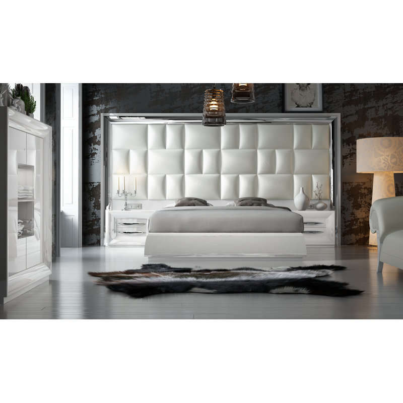 Annalya Vegan Leather Panel Bed, High Gloss, Queen