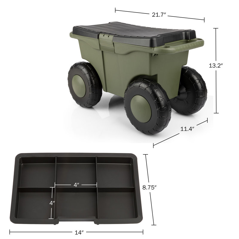 Rolling Garden Cart with Seat - Plastic Storage with Bench and Interior Tool Tray - Gardening Stool for Weeding and Planting by Pure Garden