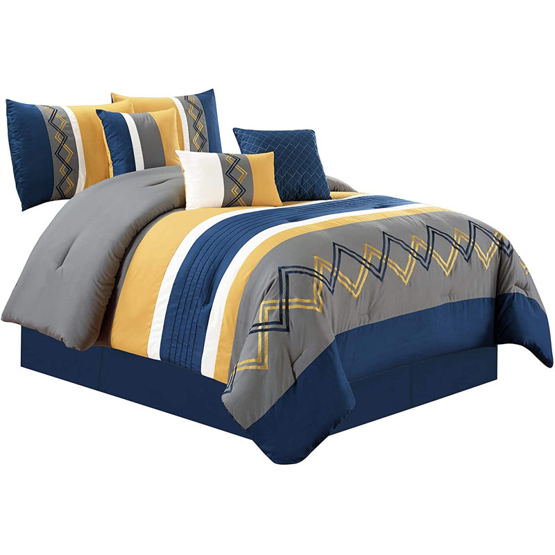 Microfiber Modern & Contemporary 7 Piece Comforter Set, Queen Comforter + 6 Additional Pieces, Navy Blue/Gray/Yellow/White