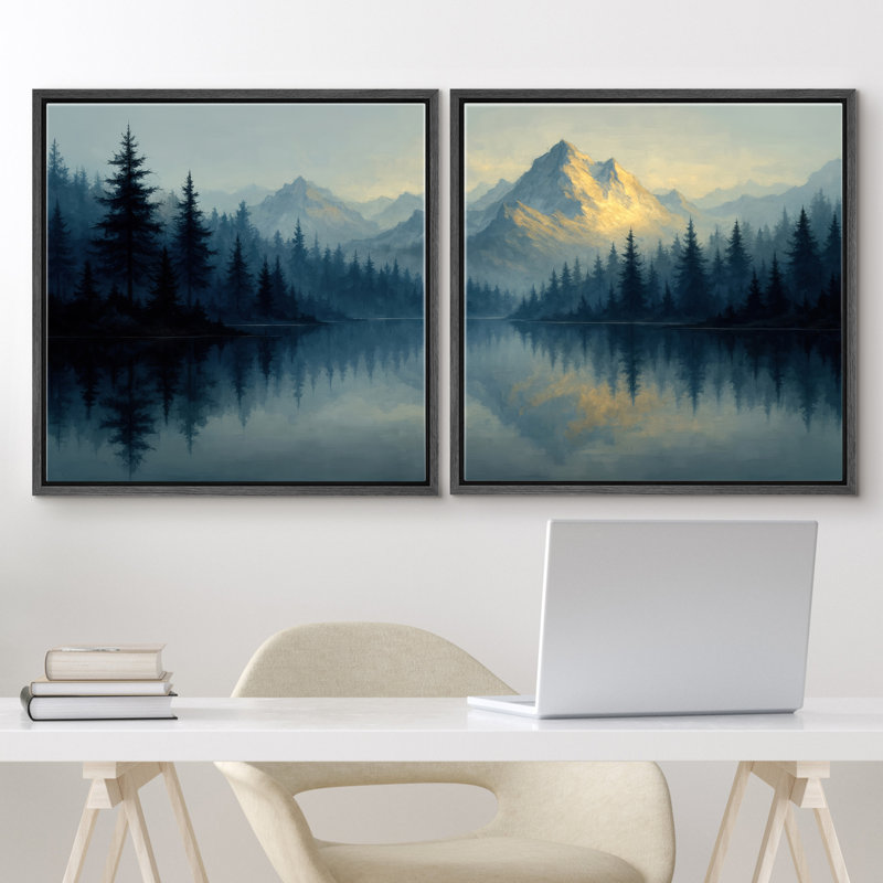Blue Mountain Lake Reflection Forest Scenery Framed Canvas Master Bedroom Wall Art Work Print, Black Floater Frame