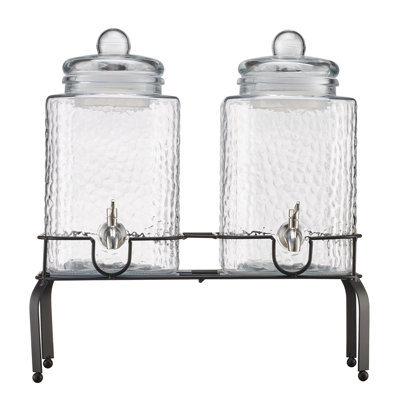 Distributeur de boissons, paquet de 2 distributeurs de boissons de 1,5 gallon pour les fêtes, distributeur de jus en verre avec support en métal, robinet en acier inoxydable, distributeur de jus de limonade glacée pour les fêtes