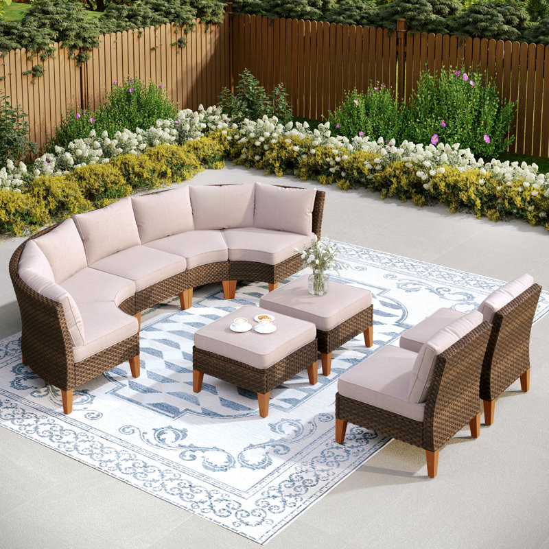 All Weather Wicker/Rattan 9 - Person Seating Group with Cushions, Blue