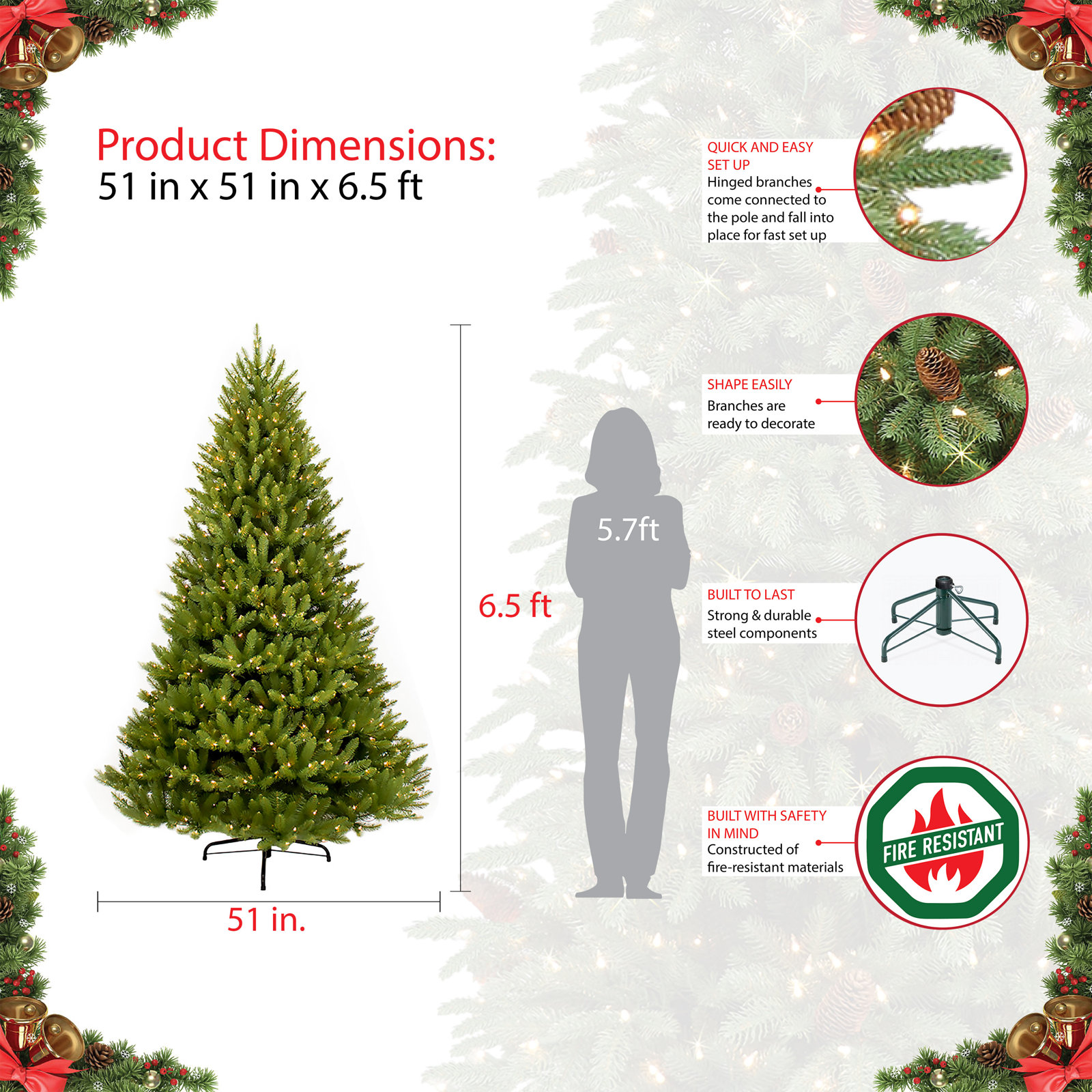 Lighted Artificial Christmas Tree, 6.5' H