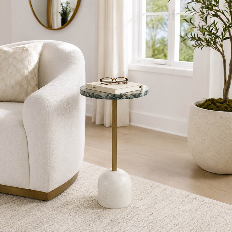 Table d'appoint contemporaine en pierre et métal pour salon - Style moderne et artistique, étroite et élégante, idéale pour une chambre - 53 cm, vert et or