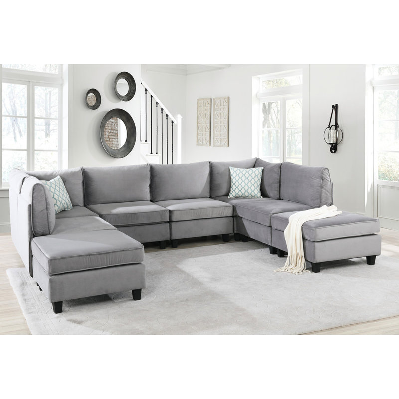 8Pc Modular Sectional , 120" Gray Velvet, 2 Corner Chairs, 4 Armless Ottomans, Pocket Coil Spring Base Construction, Modern Interior Base, Room