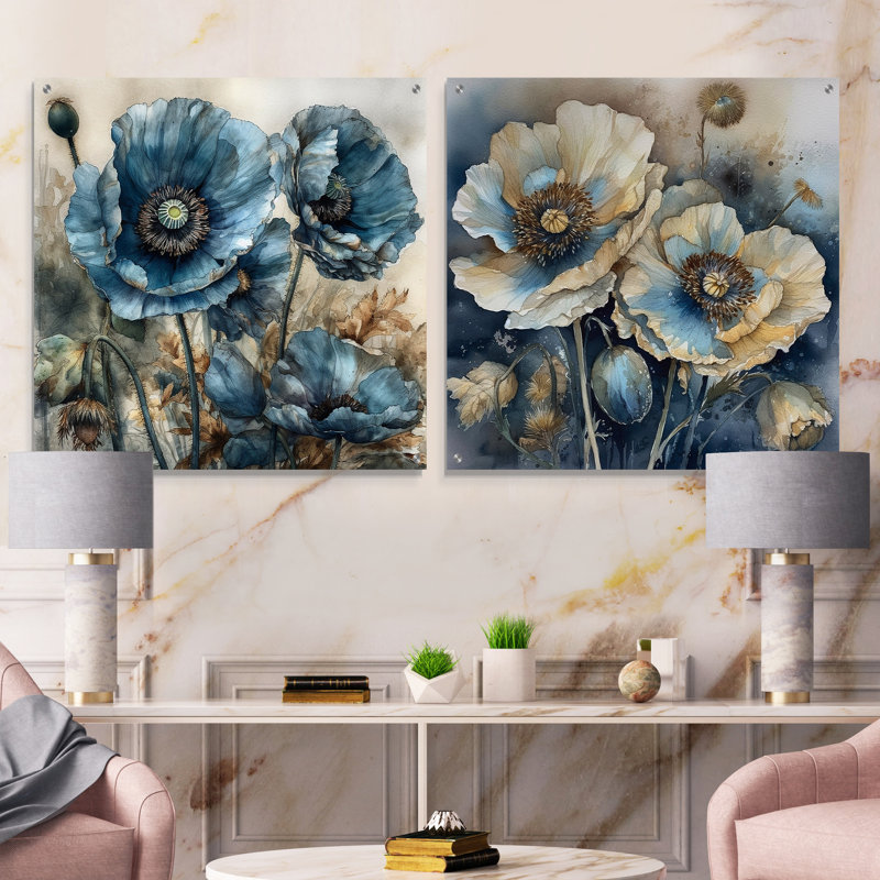 «Blue Poppy Serenity» - ensemble de 2 art mural en verre acrylique coquelicots, H 16 po x l 33 po
