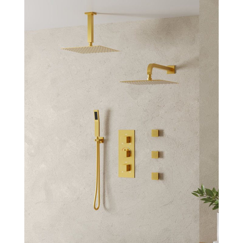 Thermostatic Dual Showerheads System, 12" High-Pressure Rainfall Shower Faucet with Handheld Spray and Body Jet, Brushed Gold