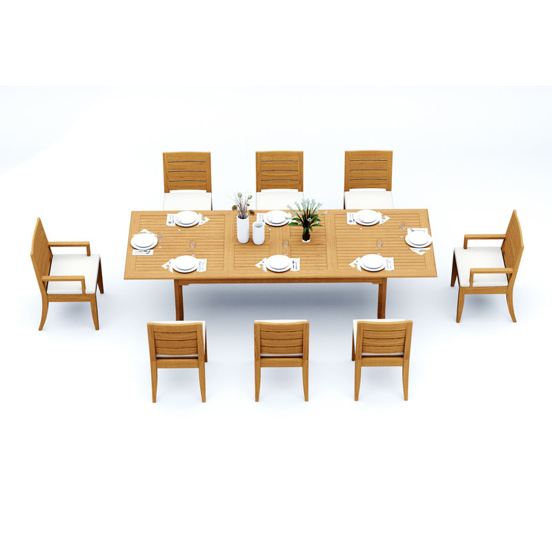 8 Seats 9 Pcs Grade-A Teak Wood Dining Set: 118" Double Extension Rectangle Table And 8 Atnas  Chairs (2 Arm & 6 Armless Chairs) #11AT2402