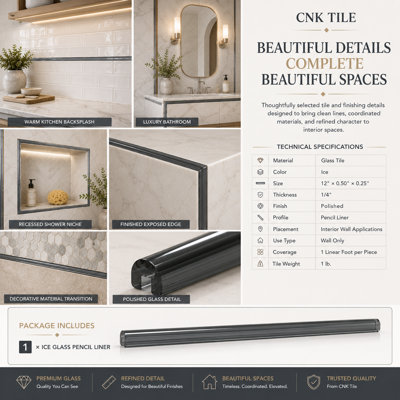 Doublure de crayon à glace CNK Tile - Garniture en verre lustré 12 po x 0,66 po pour salle de bain, dosseret, douche et décoration murale - Durable, résistant aux intempéries, facile à entretenir - Élégants projets de rénovation - Paquet de 1