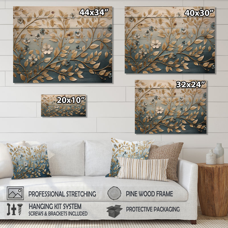 Minimalism Blue And Gold Botanical Melody - Wreath Wood Panel Wall Art On Natural Pine Wood, 24" H x 32" W