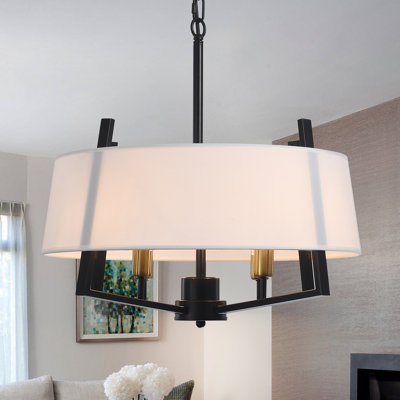 Lustre tambour moderne Taymour, luminaire suspendu tambour 4 lumières, plafonnier semi-encastré avec abat-jour en tissu blanc pour la salle à manger, le salon, le vestibule et le vestibule