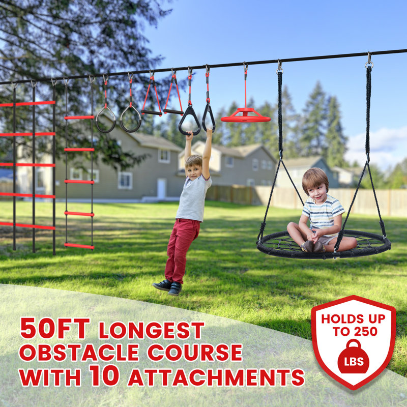 50ft Ninja Warrior Obstacle Course for Kids with Spider Swing