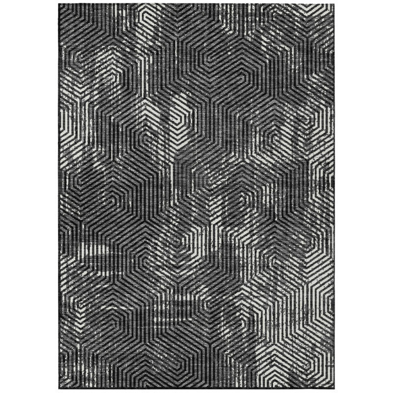 Tapis intérieur / extérieur géométrique lavable noir et ivoire 5 pi x 8 pi