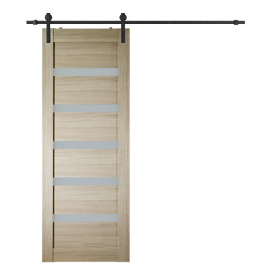 Porte de grange préfabriquée en bois manufacturé et en verre avec ensemble de quincaillerie d'installation Leora