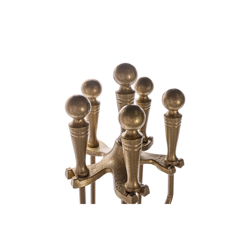 Ensemble de foyer 5 pièces avec poignées sphériques et base piédestal, Doré