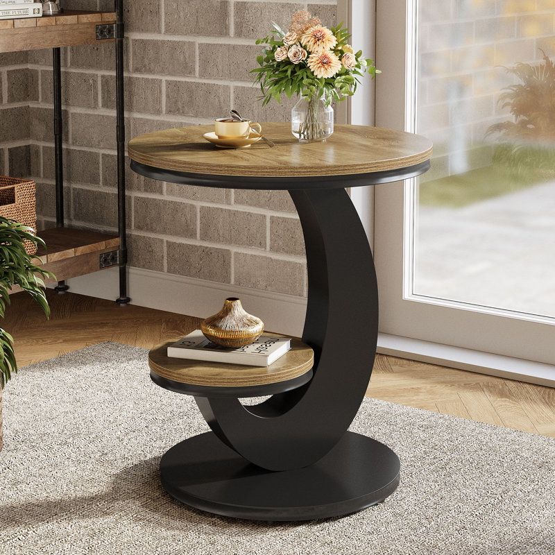 2 Tiers Round End Table with Storage Shelf, Light Brown