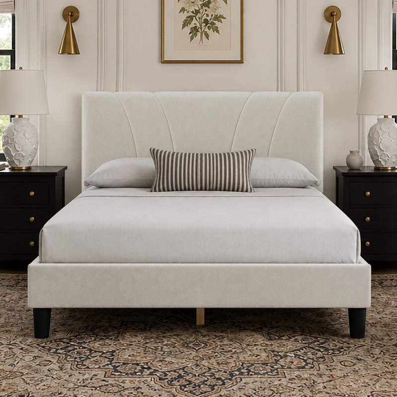 Lit plateforme tapissier avec tête de lit ajustable, Grand lit, Velours blanc, Tête de lit réglable