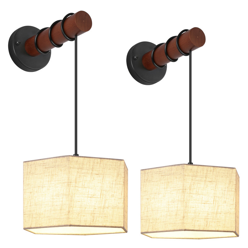 Applique murale de chevet à 1 lumière à intensité variable avec bras en bois et abat-jour hexagonal en tissu pour chambre à coucher et salon