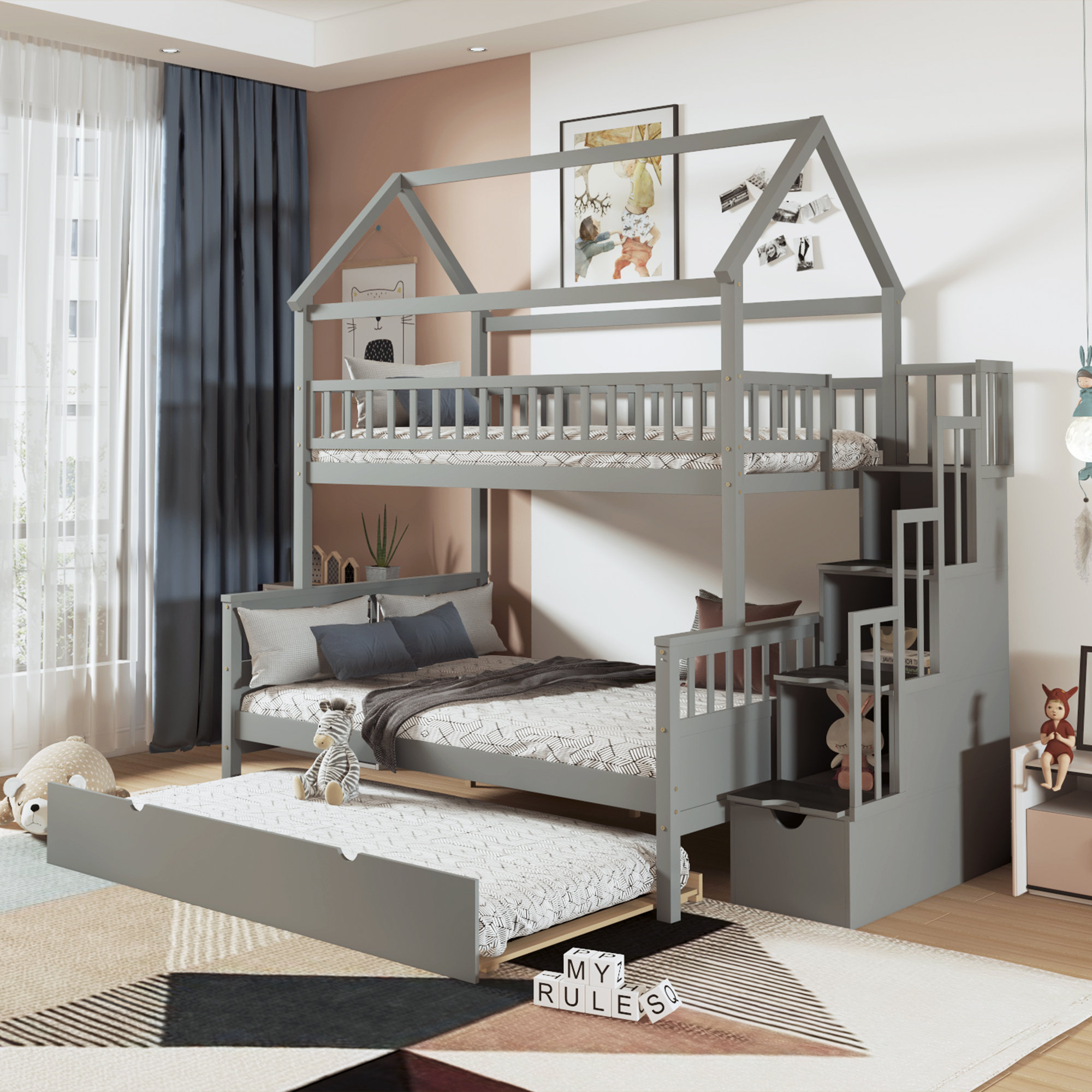 Harper Orchard Twin Over Full Size House Bunk Bed With Storage ...