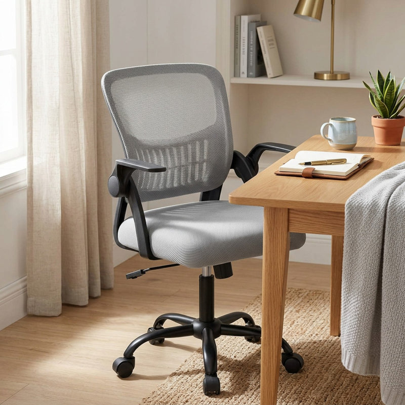 Chaise de travail ergonomique en filet avec accoudoirs rabattables, Gris, Noir