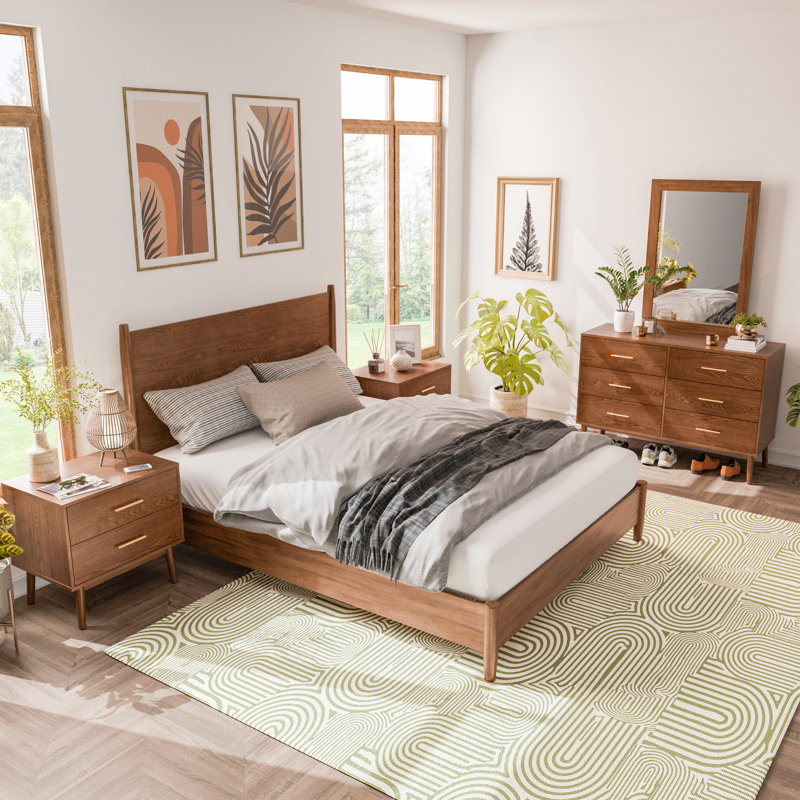 Nevio 5-Piece Platform Bedroom Set, 5 Pcs: Bed, 2 Nightstands, Dresser, Mirror, Queen