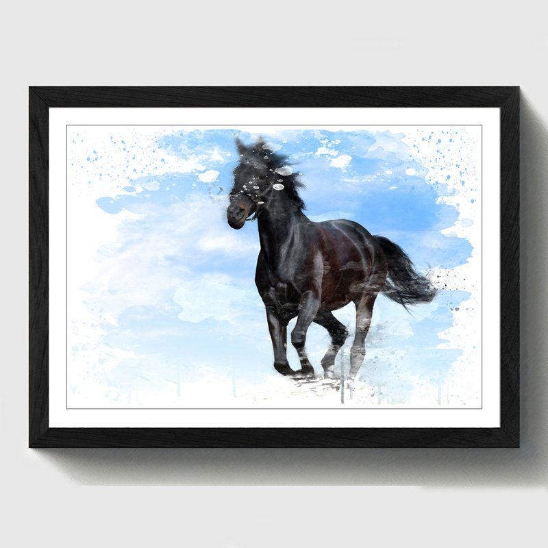 Black Horse Running - Wall Art, 45cm H x 62cm W, Framed Picture