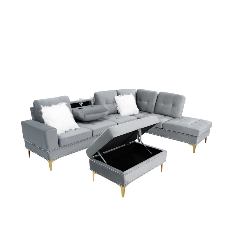 Upholstered L-Shaped Sectional Sofa With Hidden Table And Storage Ottoman, Gray, Yes