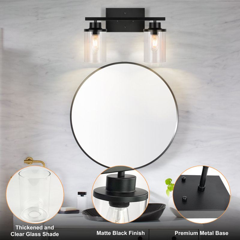 Matte Black 2-Light Dimmable Bathroom Vanity Light with Clear Glass Shades