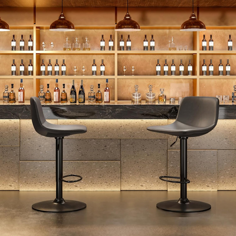 Tabouret de bar et de comptoir pivotant en cuir, hauteur réglable, avec structure en métal, Black, Whiskey Brown