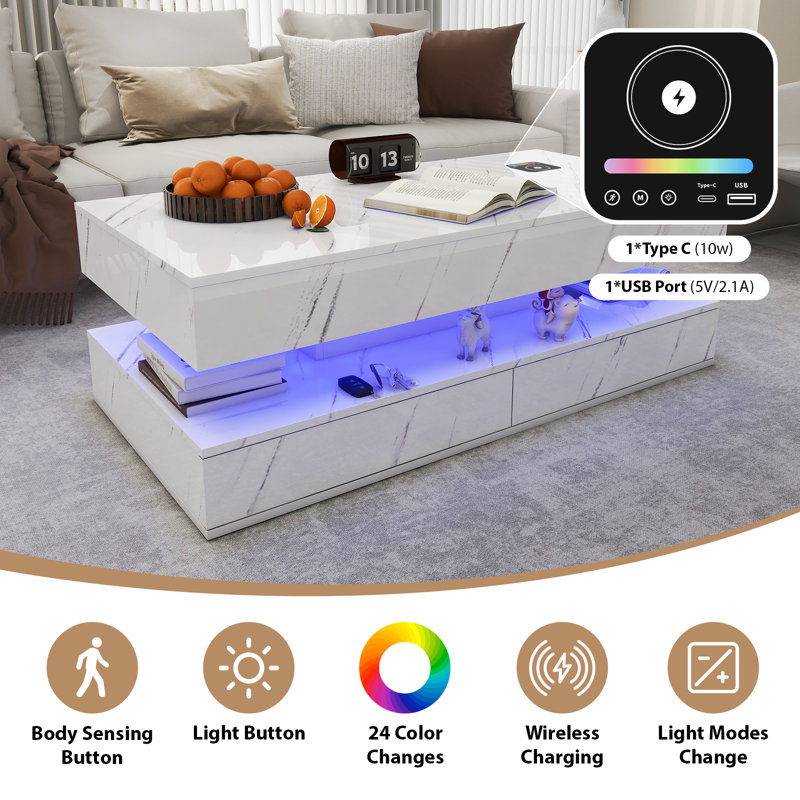 Modern High-Gloss Coffee Table With 2 Sliding Drawers, 16-Colour LED Lights, Wireless Charging & Integrated Speaker, White