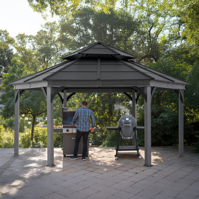 Sunjoy Extra Tall 18ft x 18ft Large Hexagonal Gazebo, Heat Transfer Print Woodgrain Rustproof Aluminum 6-Post Frame
