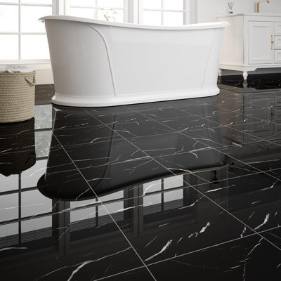 Lot de 20 tuiles de sol autocollantes, revêtement de sol en vinyle imitation marbre noir 30 x 30 cm, dalles autoadhésives et imperméables à poser soi-même pour salle de bain, cuisine, salon, VR, couvre 1,86 m²