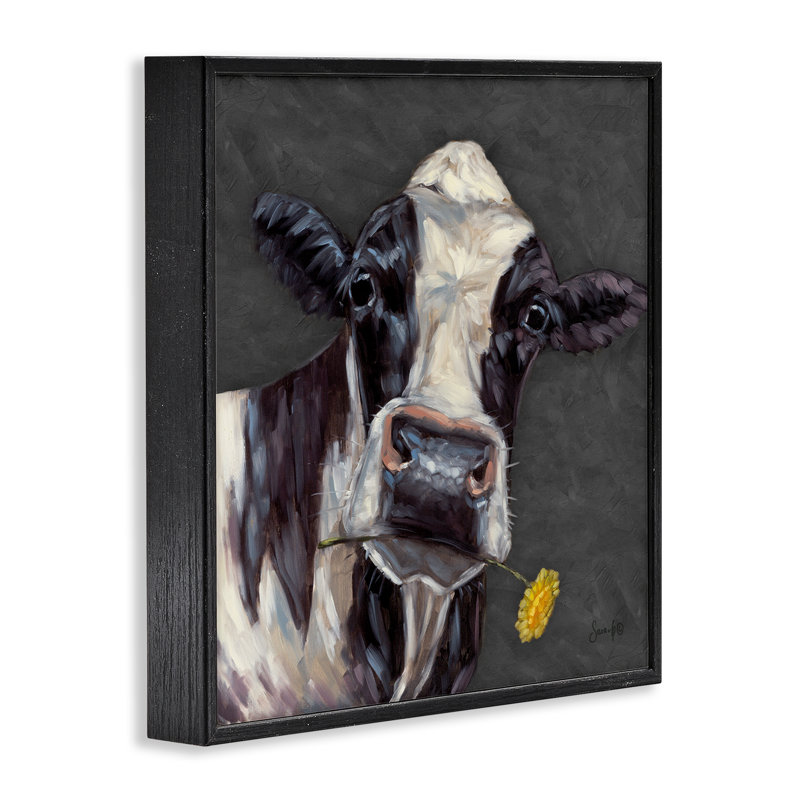 «Vache avec marguerite jaune» par Stupell Industries, Giclée encadrée noir minuit, H 12 po x l 12 po