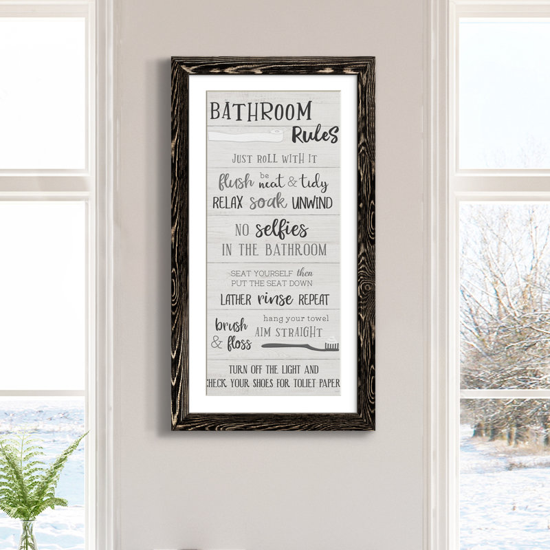 "Bathroom Rules" - Art textuel sur toile, Toile encadrée noire