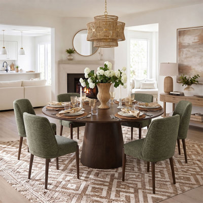 6 - Person Dining Table Sets With Solid Round Table & 6 Upholstered Fabric Chairs