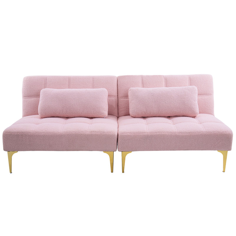 Pink Bed Futon With Stable Metal Gold Legs And Cozy Fabric - 71" Convertible, Space Saving Idea In Strong Chic, Pink Teddy