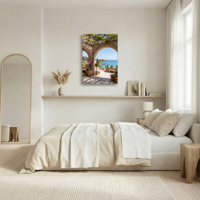 Stone Archway Overlooking Turquoise Bay and Terracotta Pots Canvas Wall Art