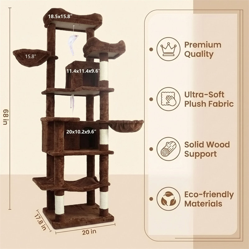 Tour pour chat à plusieurs niveaux avec hamacs, panier suspendu, grotte pour chat, coussin amovible et poteaux à griffes