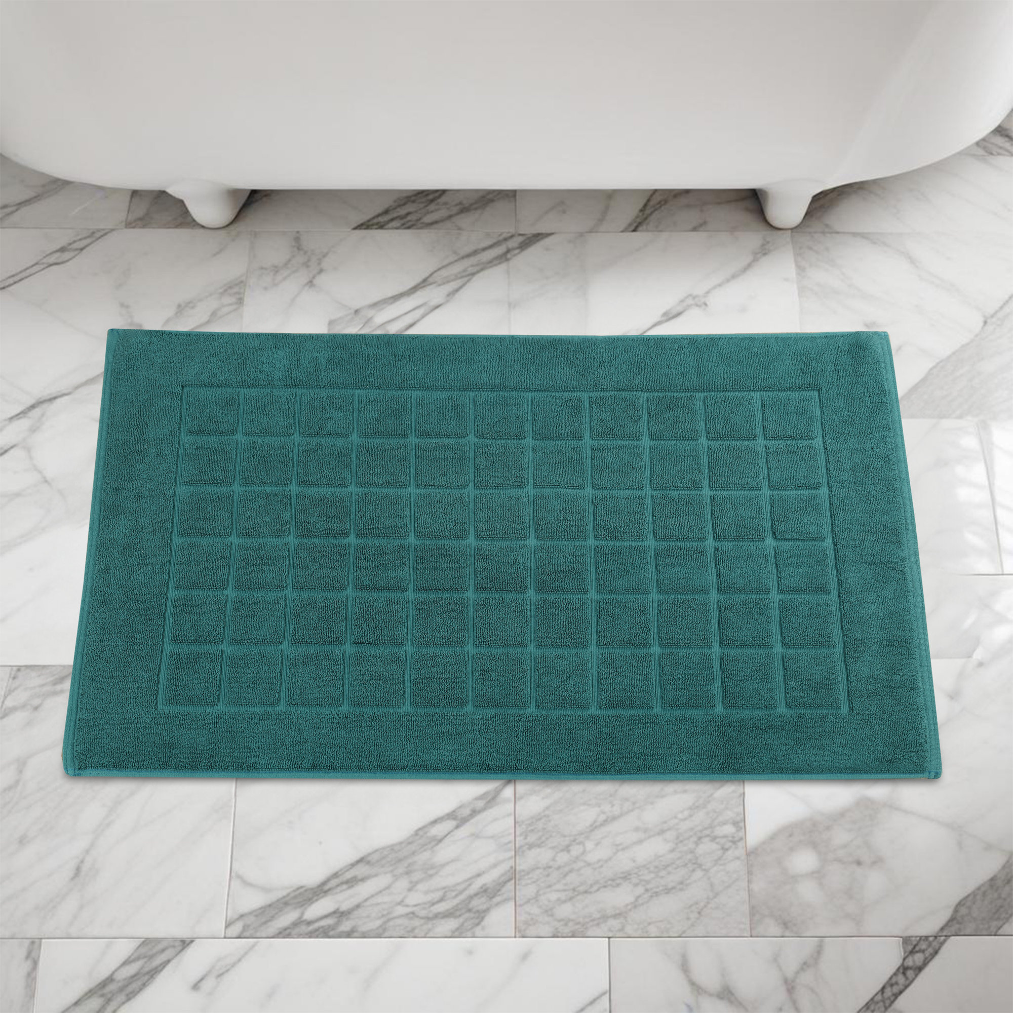 Nora Cotton Terry Solid Absorbent Thick Checkered Washable 2 Piece Bath Mat Set, Teal