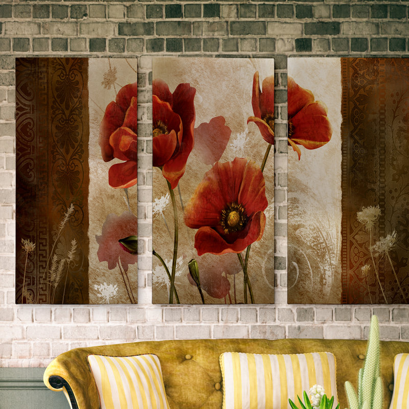 Matin coquelicot, ensemble de 3 impressions d’art graphique sur toile, H 40 po x l 60 po x P 1,5 po